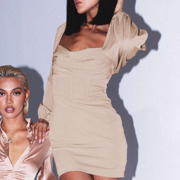 LILLIE LONG SLEEVE MINI DRESS BEIGE Princess Polly - Picture 3 of 7